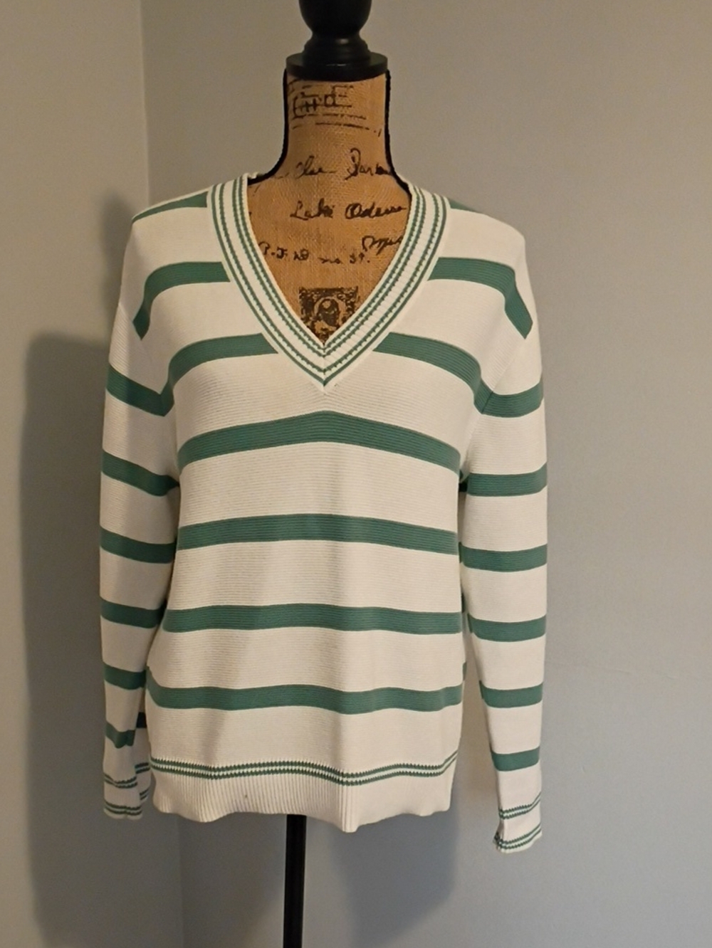 CAbi White & Sage Striped V-Neck Sweater